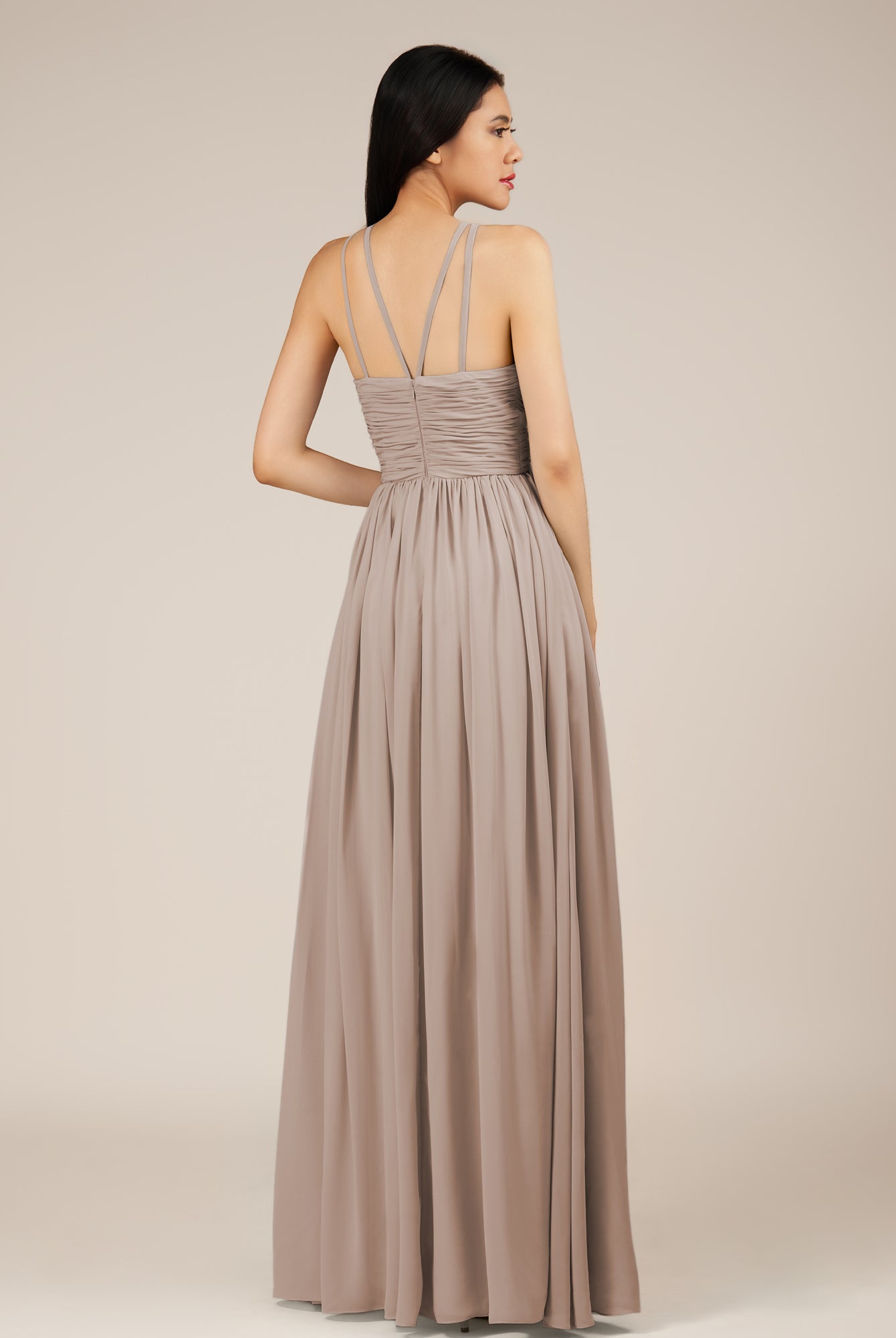 KissDress-Orinthia Toffee A Line Halter Neck Chiffon Long Bridesmaid Dress with Pleats