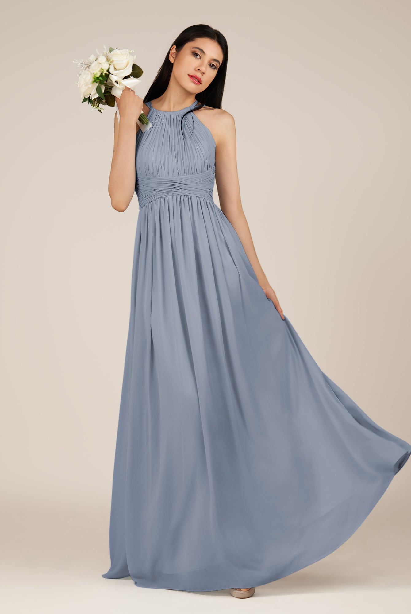 KissDress-Orinthia Twilight A Line Halter Neck Chiffon Long Bridesmaid Dress with Pleats