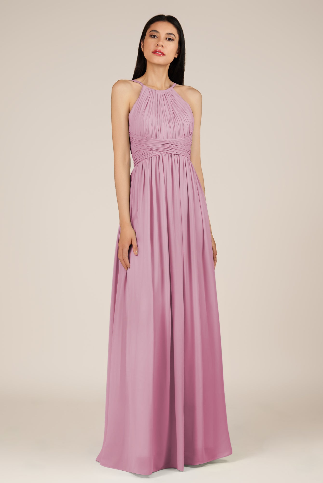 KissDress-Orinthia Vintage Mauve A Line Halter Neck Chiffon Long Bridesmaid Dress with Pleats