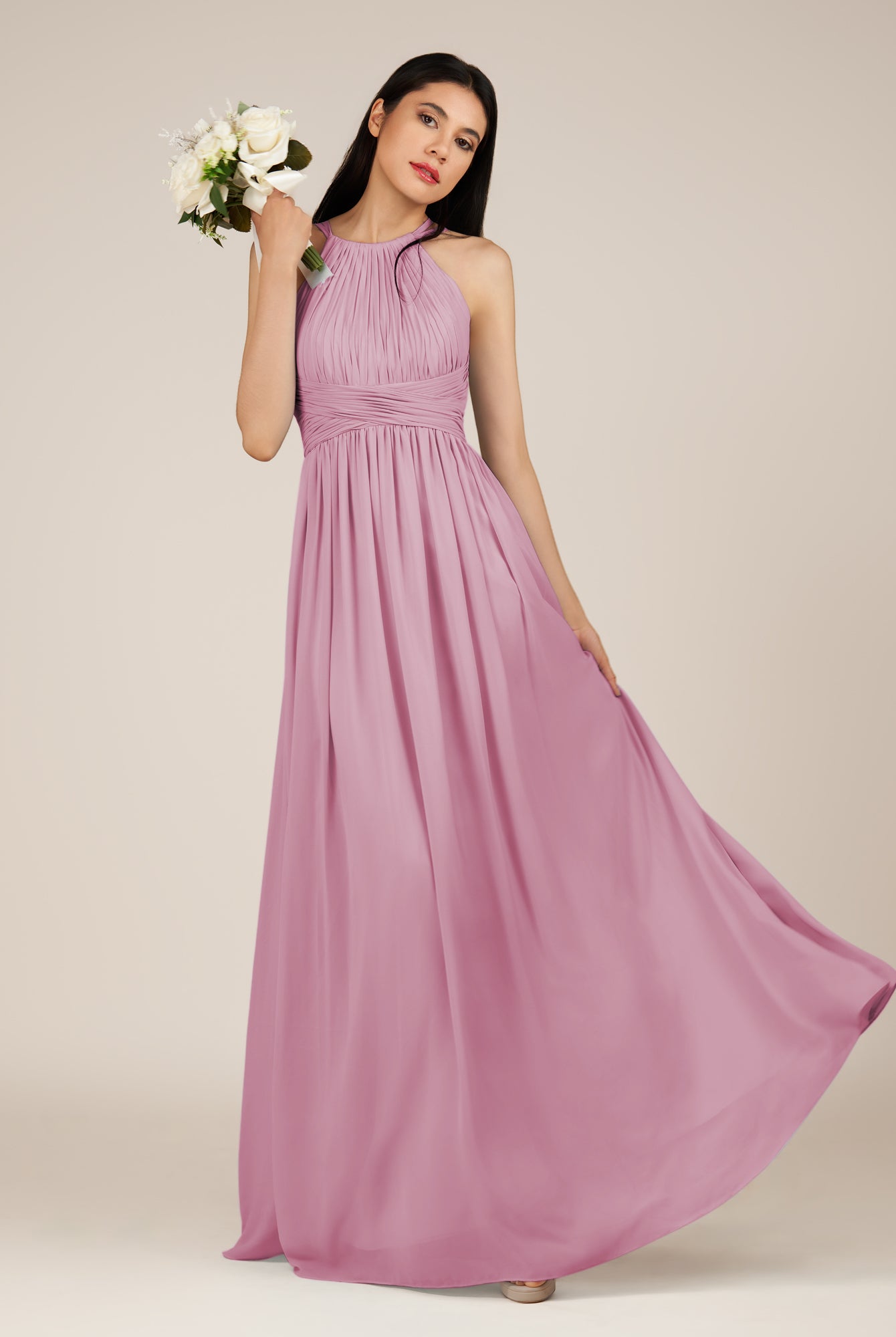 KissDress-Orinthia Vintage Mauve A Line Halter Neck Chiffon Long Bridesmaid Dress with Pleats