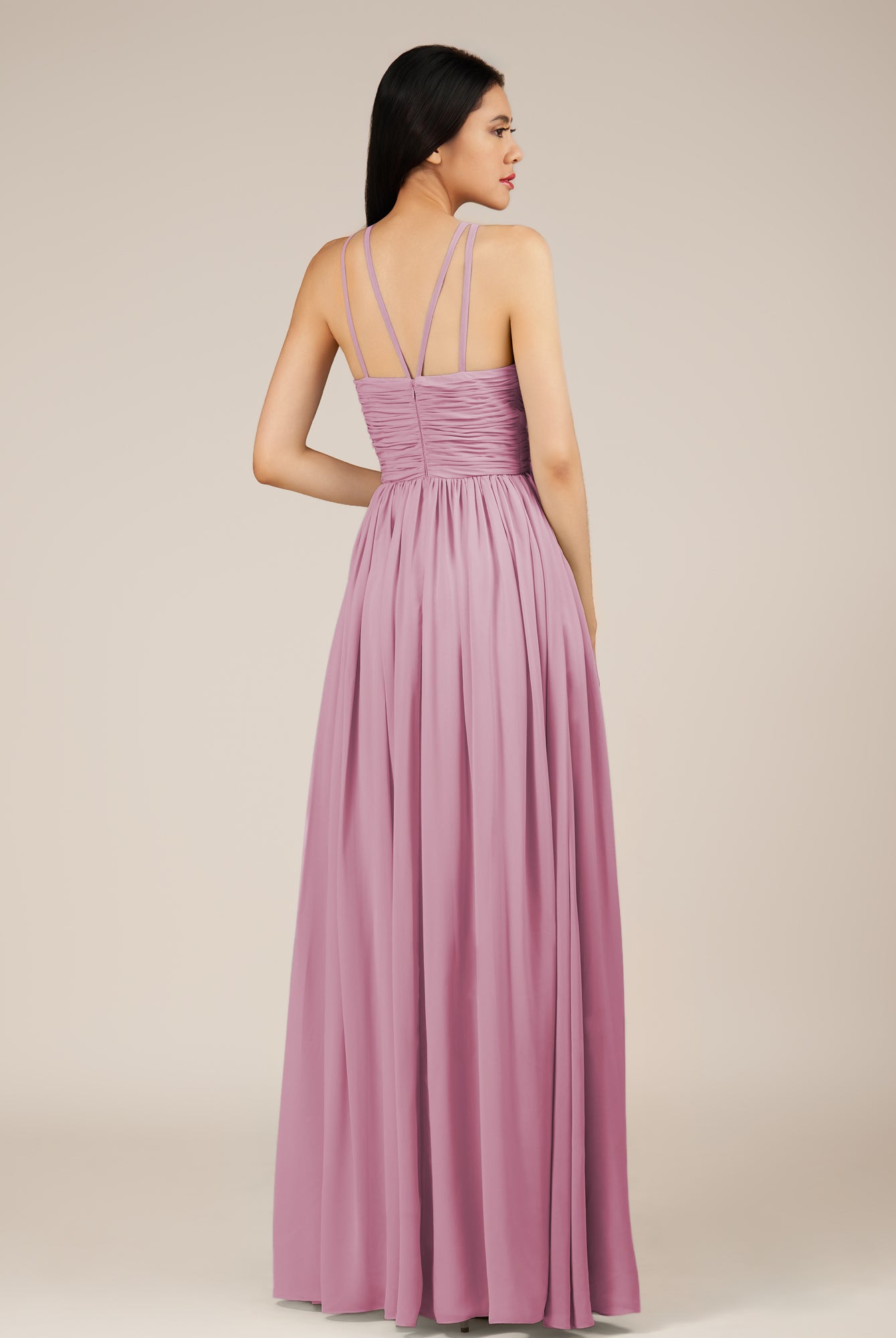 KissDress-Orinthia Vintage Mauve A Line Halter Neck Chiffon Long Bridesmaid Dress with Pleats
