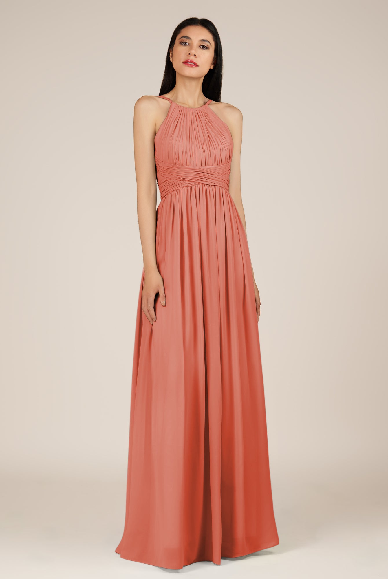 KissDress-Orinthia Wild Rose A Line Halter Neck Chiffon Long Bridesmaid Dress with Pleats