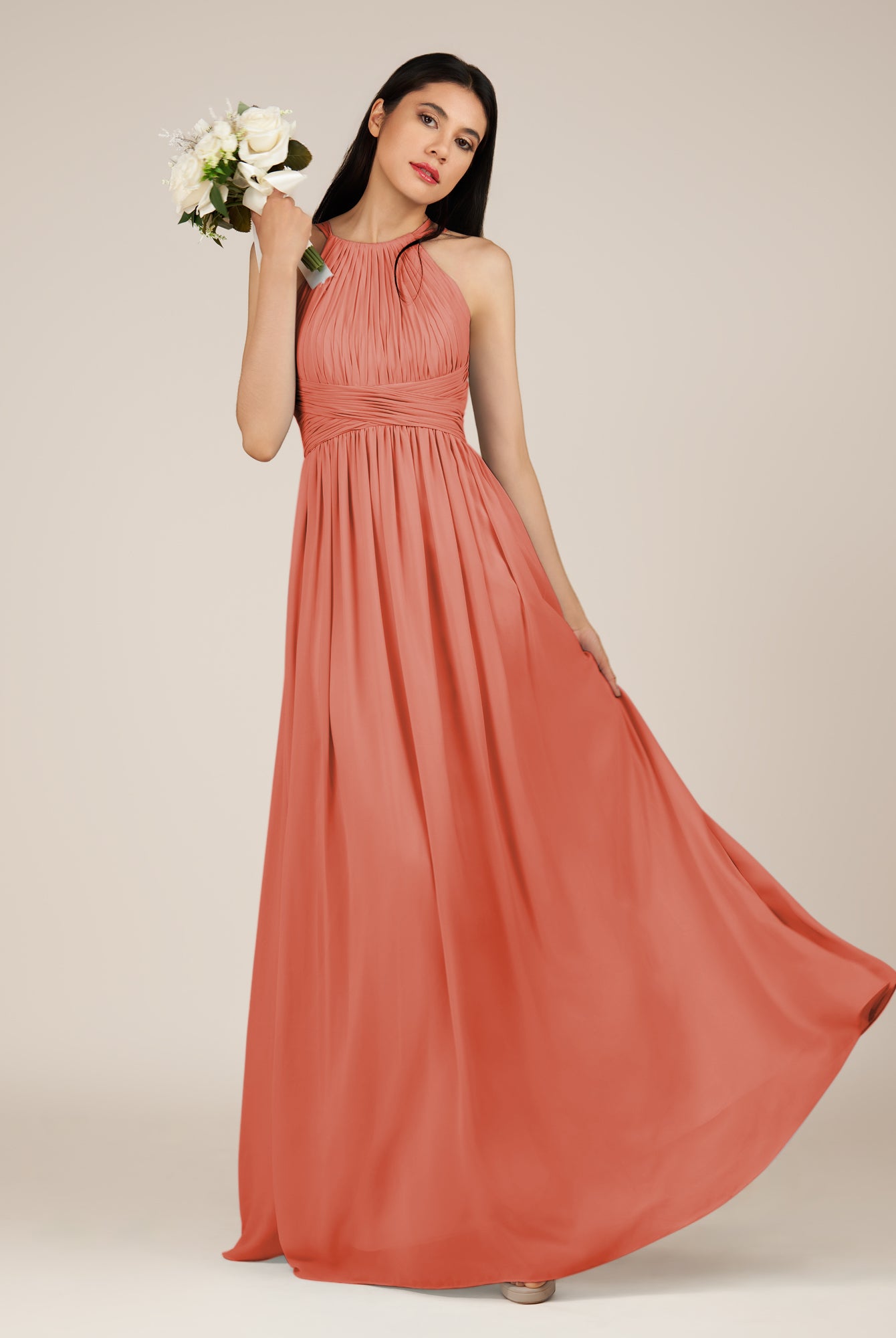 KissDress-Orinthia Wild Rose A Line Halter Neck Chiffon Long Bridesmaid Dress with Pleats
