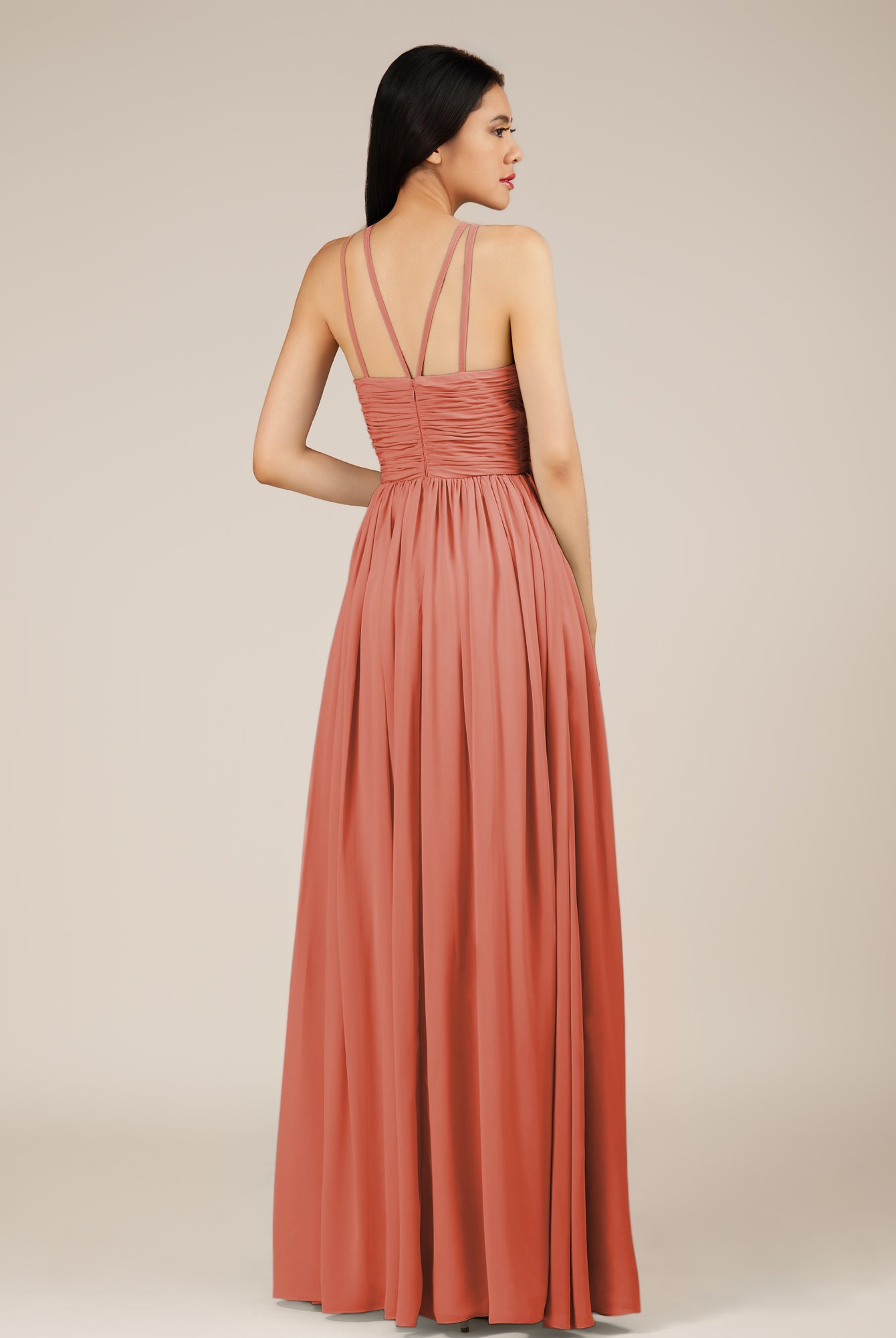 KissDress-Orinthia Wild Rose A Line Halter Neck Chiffon Long Bridesmaid Dress with Pleats