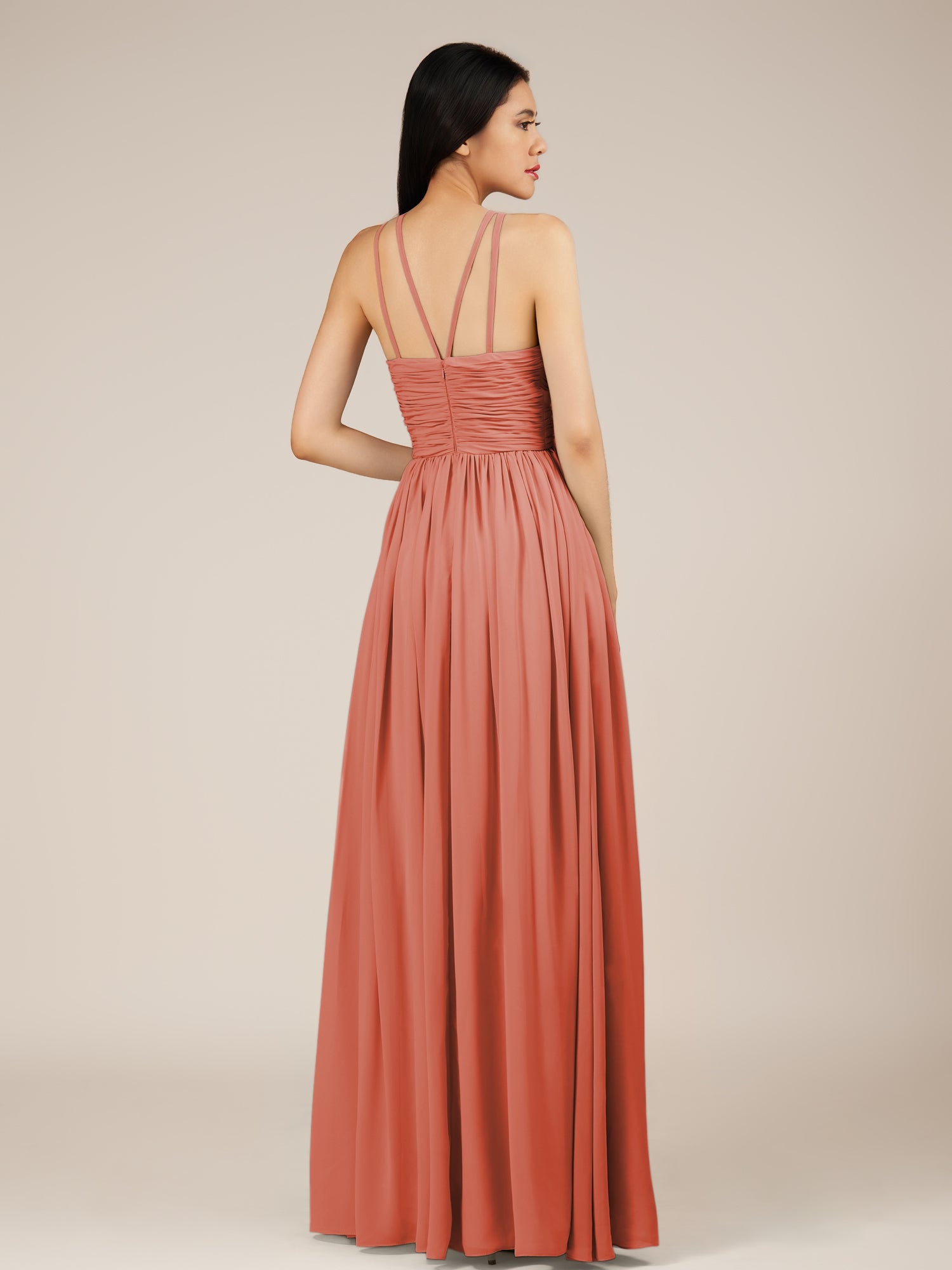 KissDress-Orinthia Wild Rose A Line Halter Neck Chiffon Long Bridesmaid Dress with Pleats