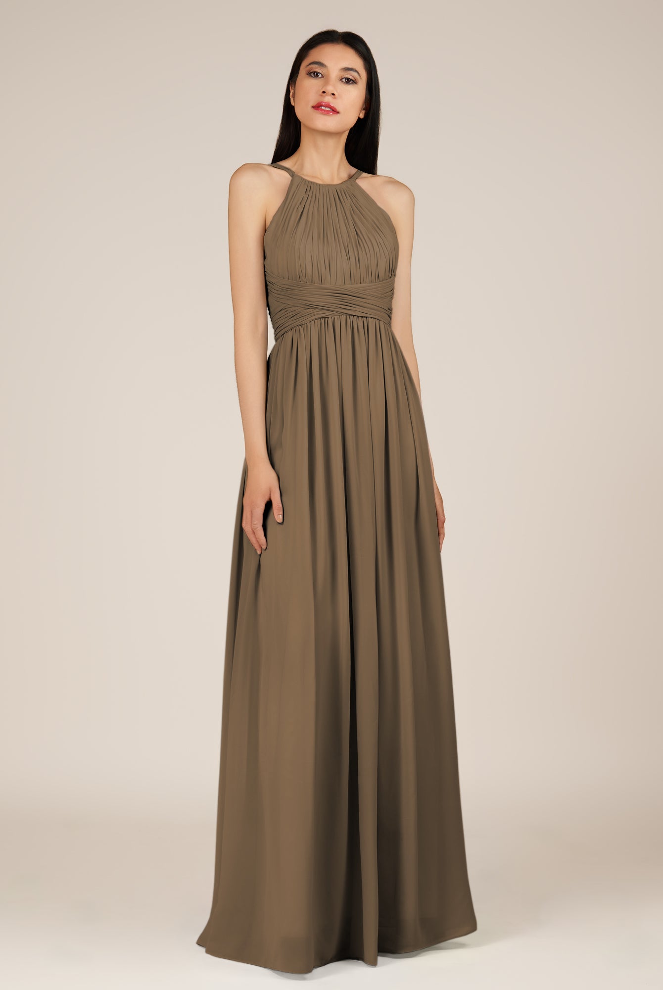 KissDress-Orinthia Willow Green A Line Halter Neck Chiffon Long Bridesmaid Dress with Pleats