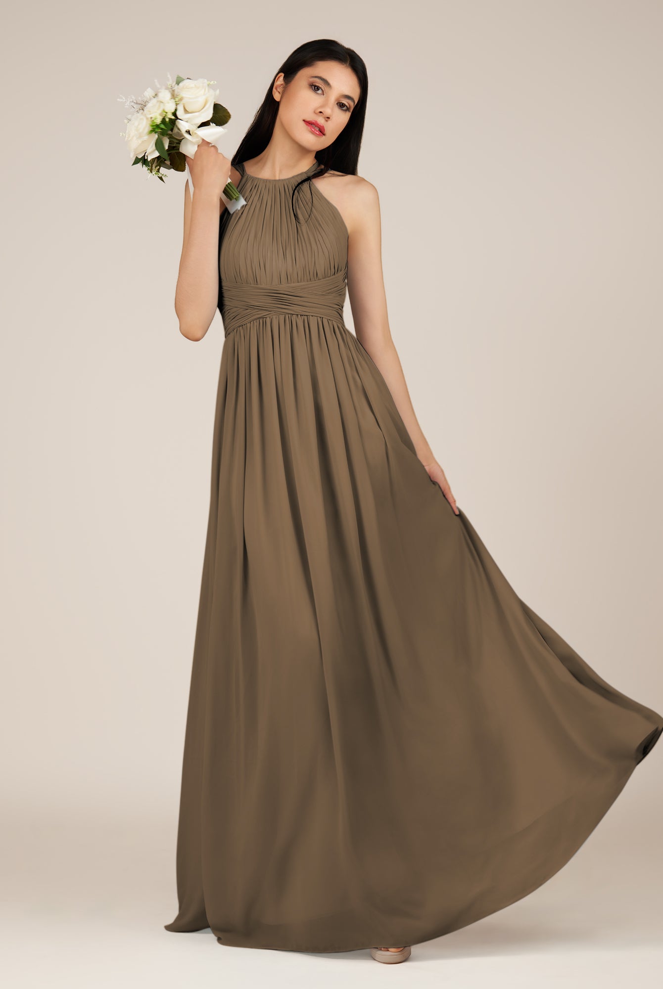 KissDress-Orinthia Willow Green A Line Halter Neck Chiffon Long Bridesmaid Dress with Pleats