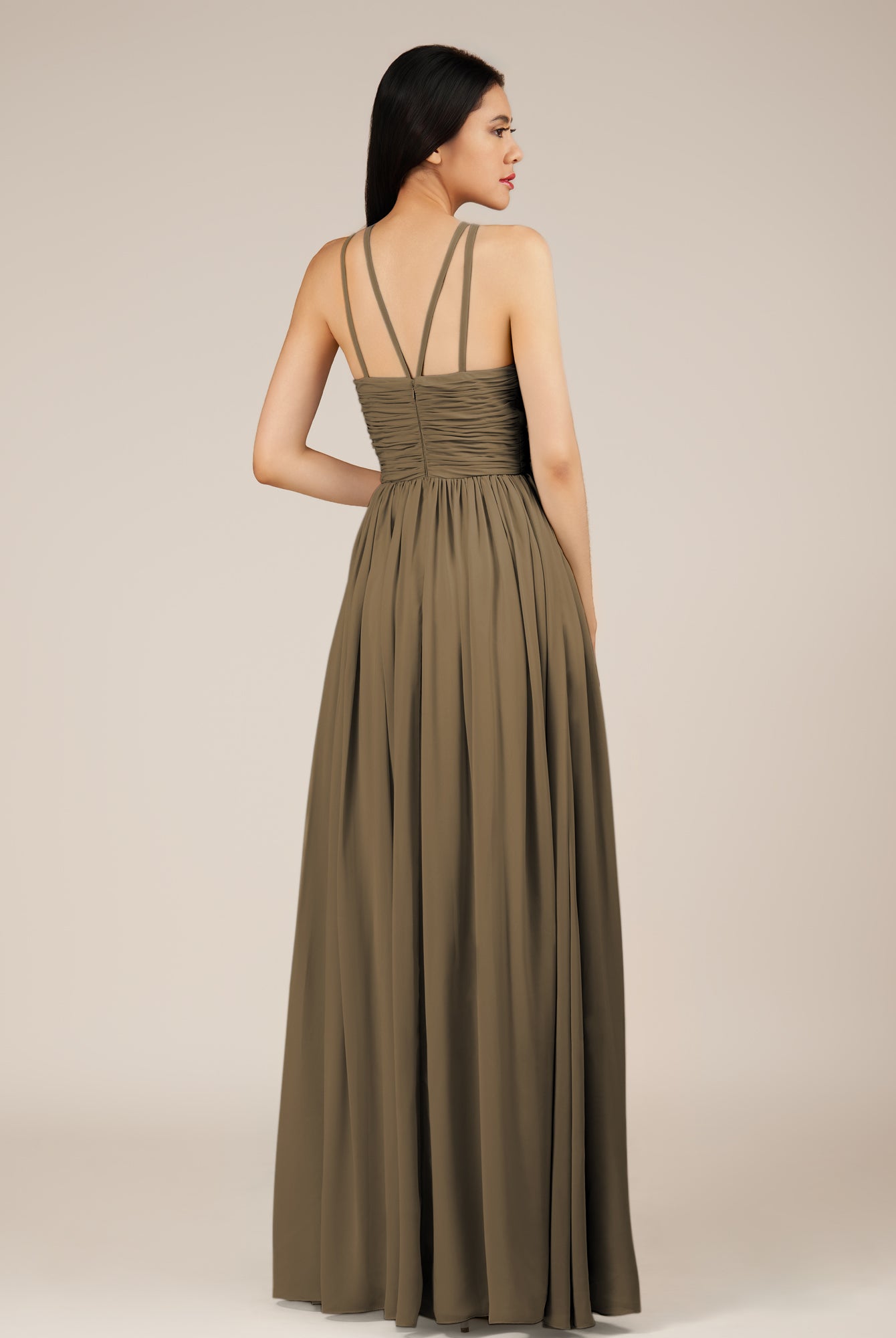 KissDress-Orinthia Willow Green A Line Halter Neck Chiffon Long Bridesmaid Dress with Pleats