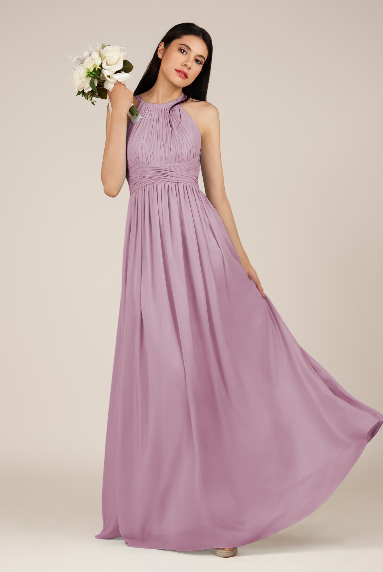 KissDress-Orinthia Wisteria A Line Halter Neck Chiffon Long Bridesmaid Dress with Pleats
