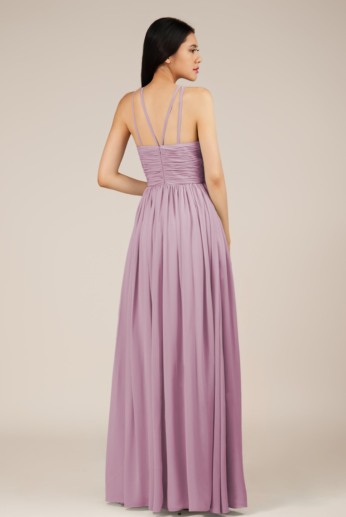 KissDress-Orinthia Wisteria A Line Halter Neck Chiffon Long Bridesmaid Dress with Pleats