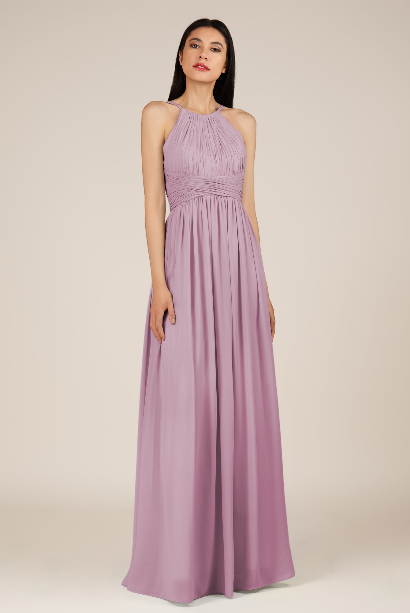 KissDress-Orinthia Wisteria A Line Halter Neck Chiffon Long Bridesmaid Dress with Pleats