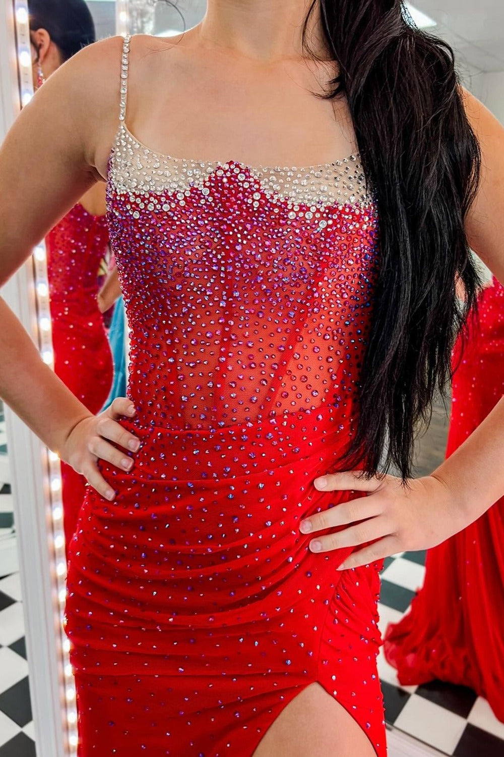 Spaghetti Straps Beaded Mermaid Prom Dress with Slit