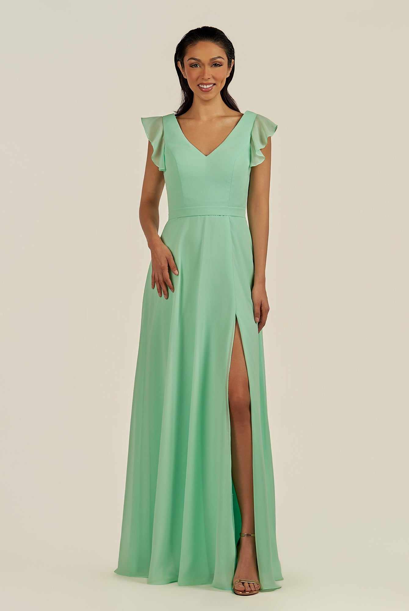 KissDress-Orlina Pale Pistachio A Line Chiffon V Neck Long Bridesmaid Dress with Flutter Sleeves
