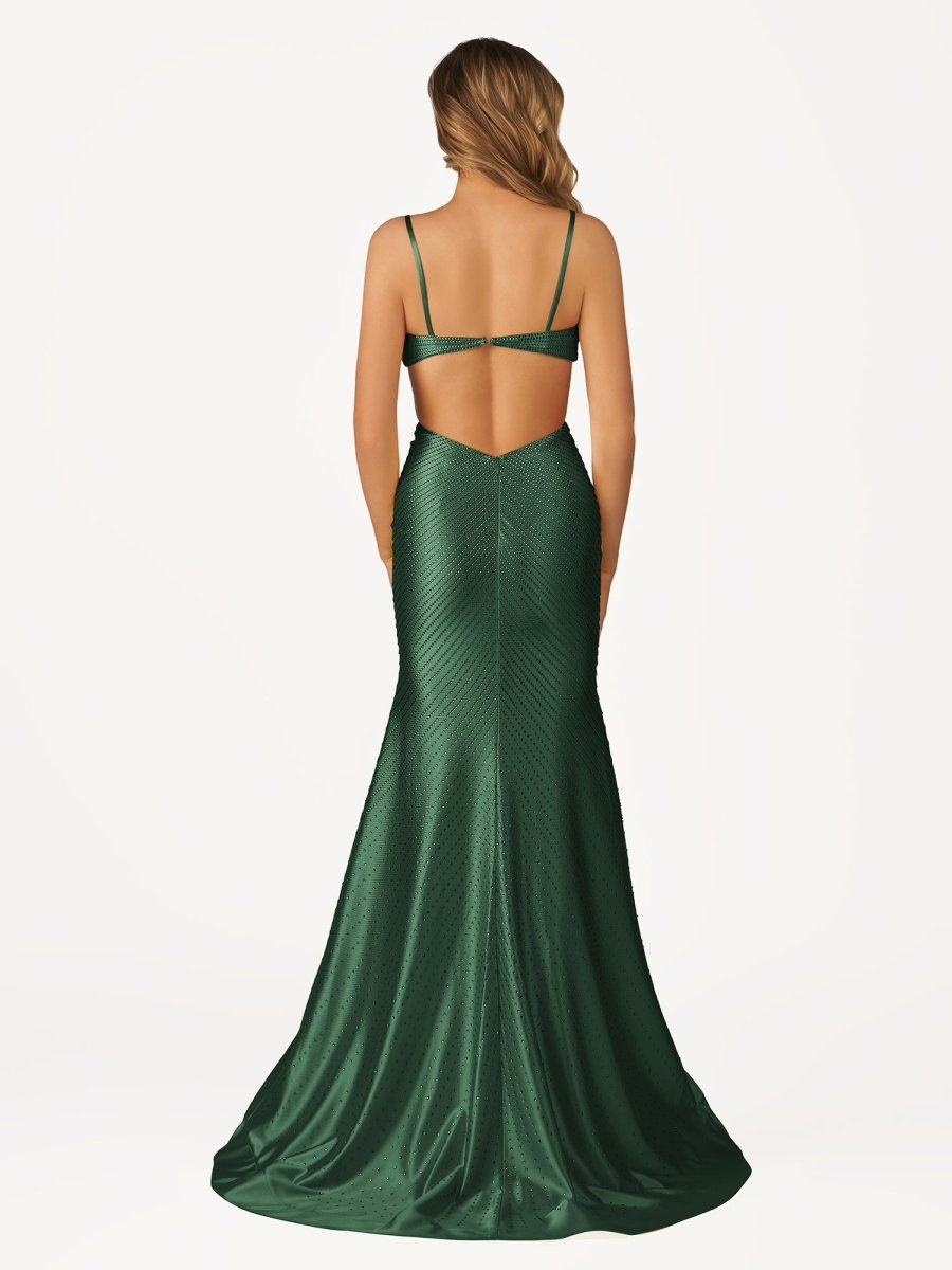 Palmyra | Mermaid V Neck Blue Satin Cut - out Waist Prom Dresses - KissProm