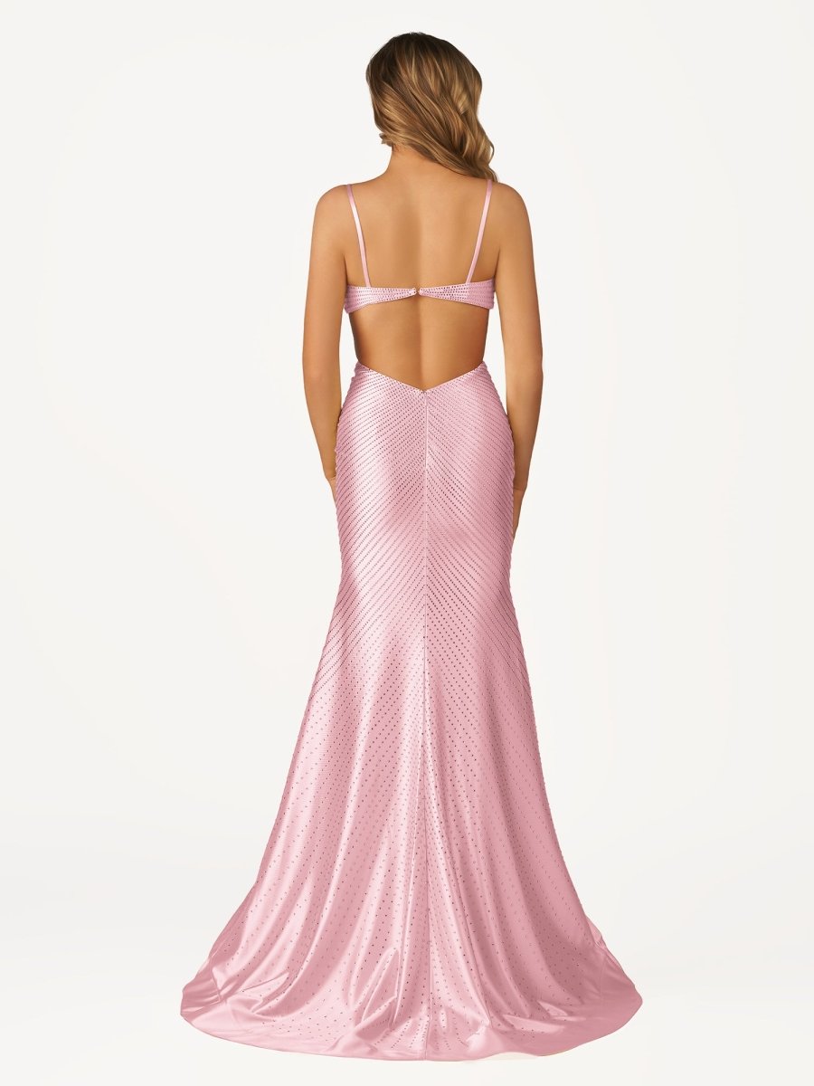 Palmyra | Mermaid V Neck Blue Satin Cut - out Waist Prom Dresses - KissProm