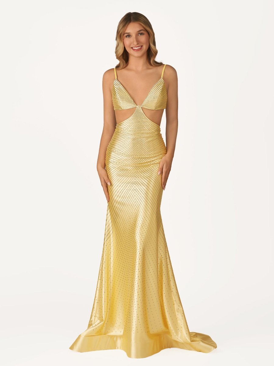 Palmyra | Mermaid V Neck Blue Satin Cut - out Waist Prom Dresses - KissProm