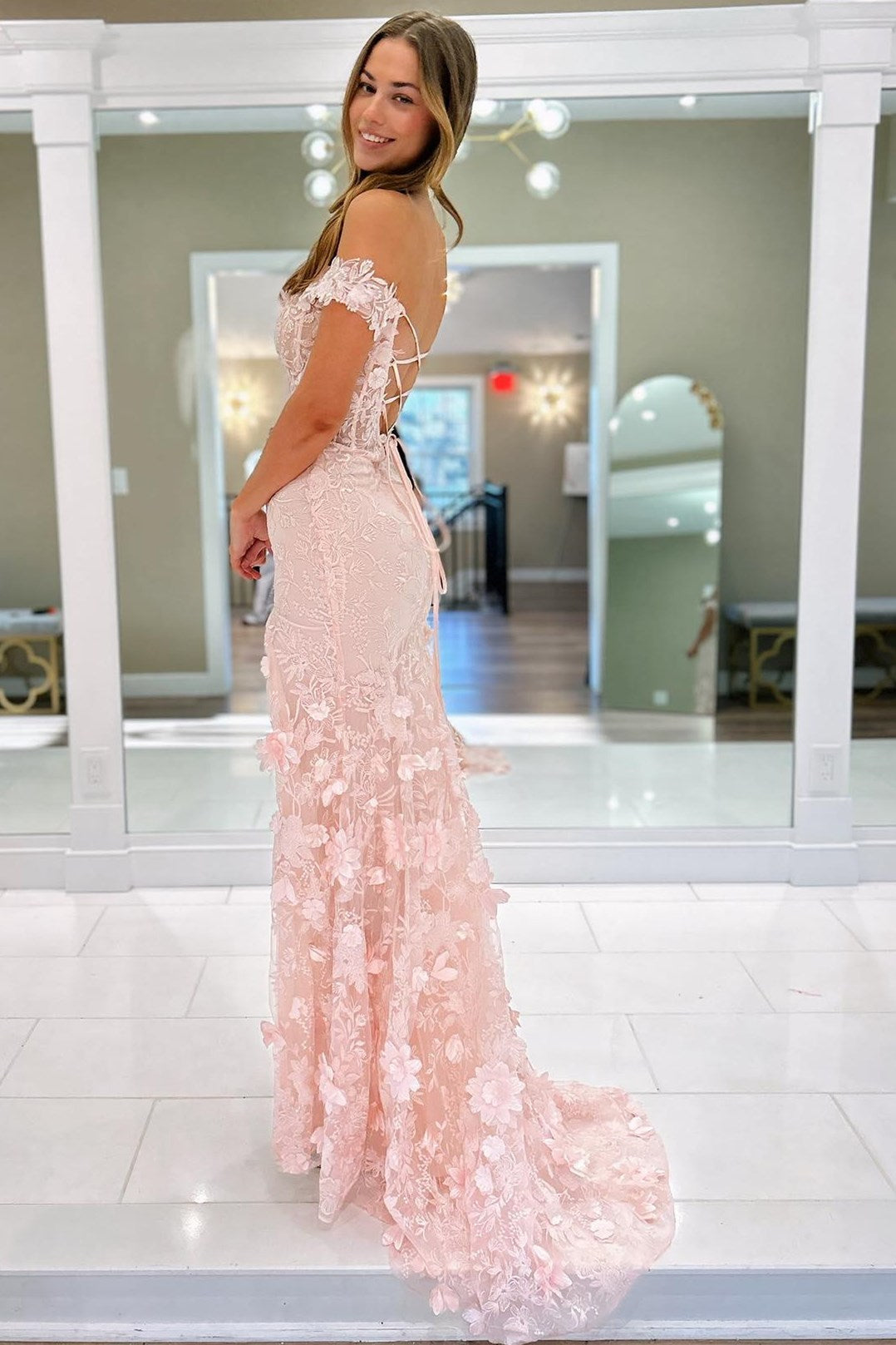 Off The Shoulder Floral Lace Long Prom Dress With Split