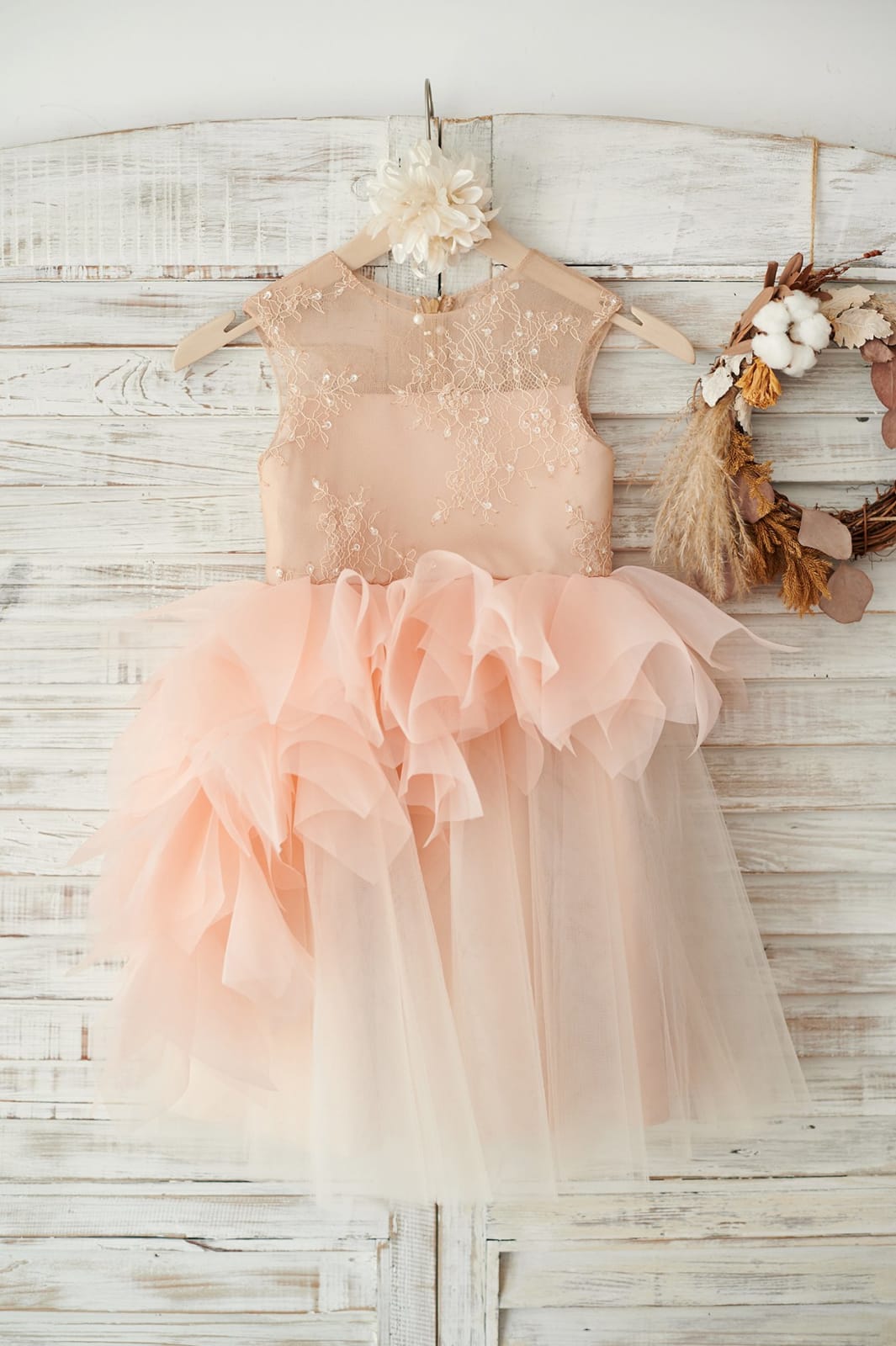 Lace Tulle Organza Ruffle Flower Girl Dress