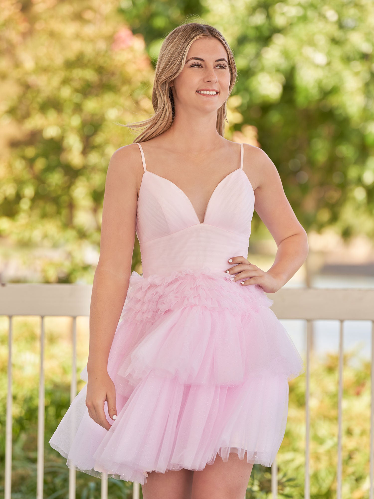 Pink A-Line Deep V Neck Tulle Tiered Homecoming Dresses