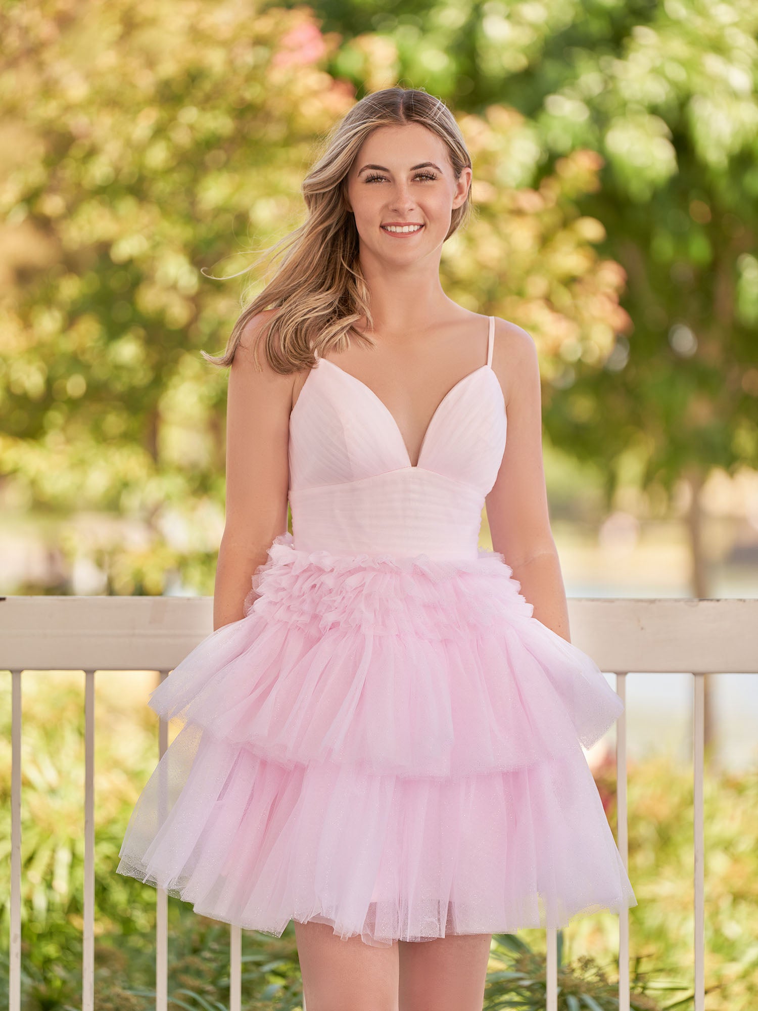 Pink A-Line Deep V Neck Tulle Tiered Homecoming Dresses
