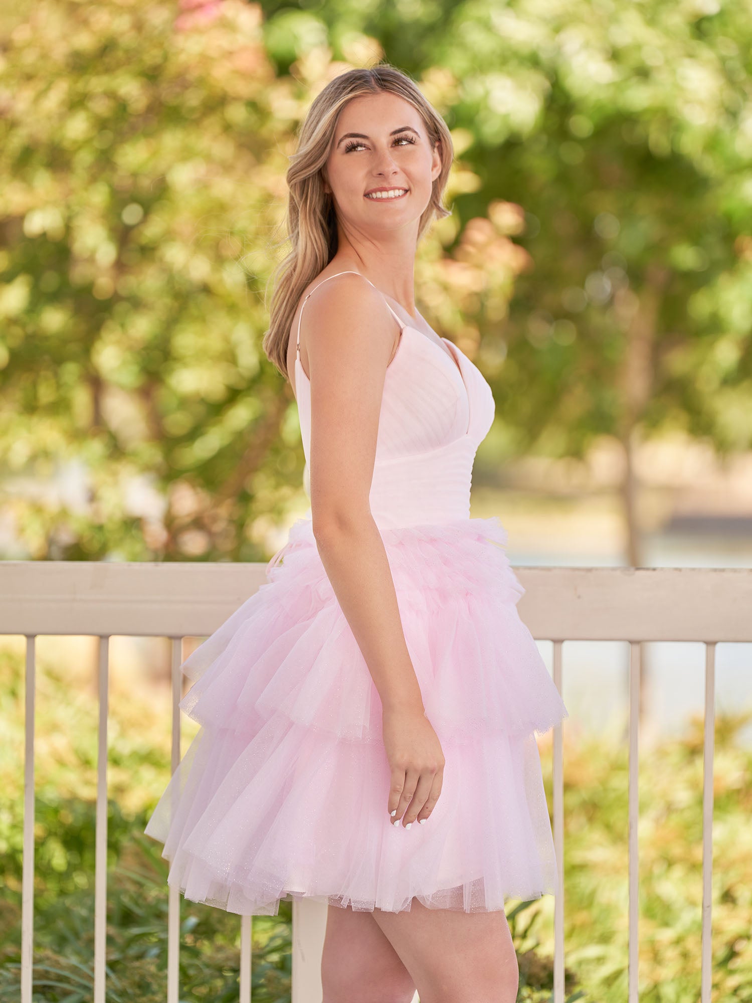 Pink A-Line Deep V Neck Tulle Tiered Homecoming Dresses