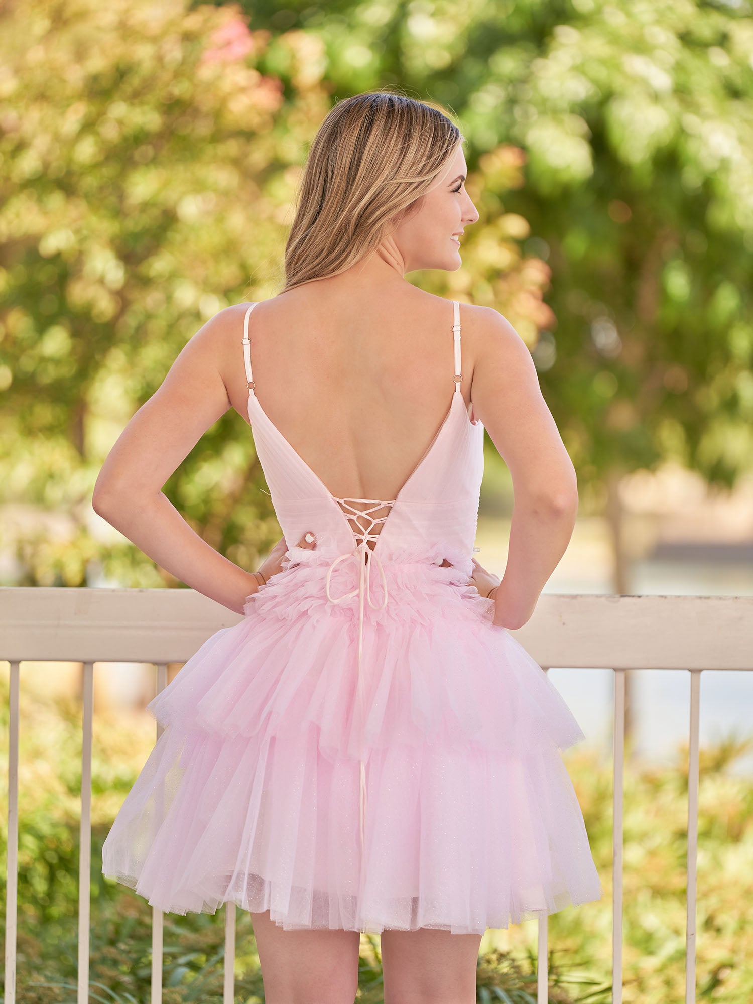 Pink A-Line Deep V Neck Tulle Tiered Homecoming Dresses