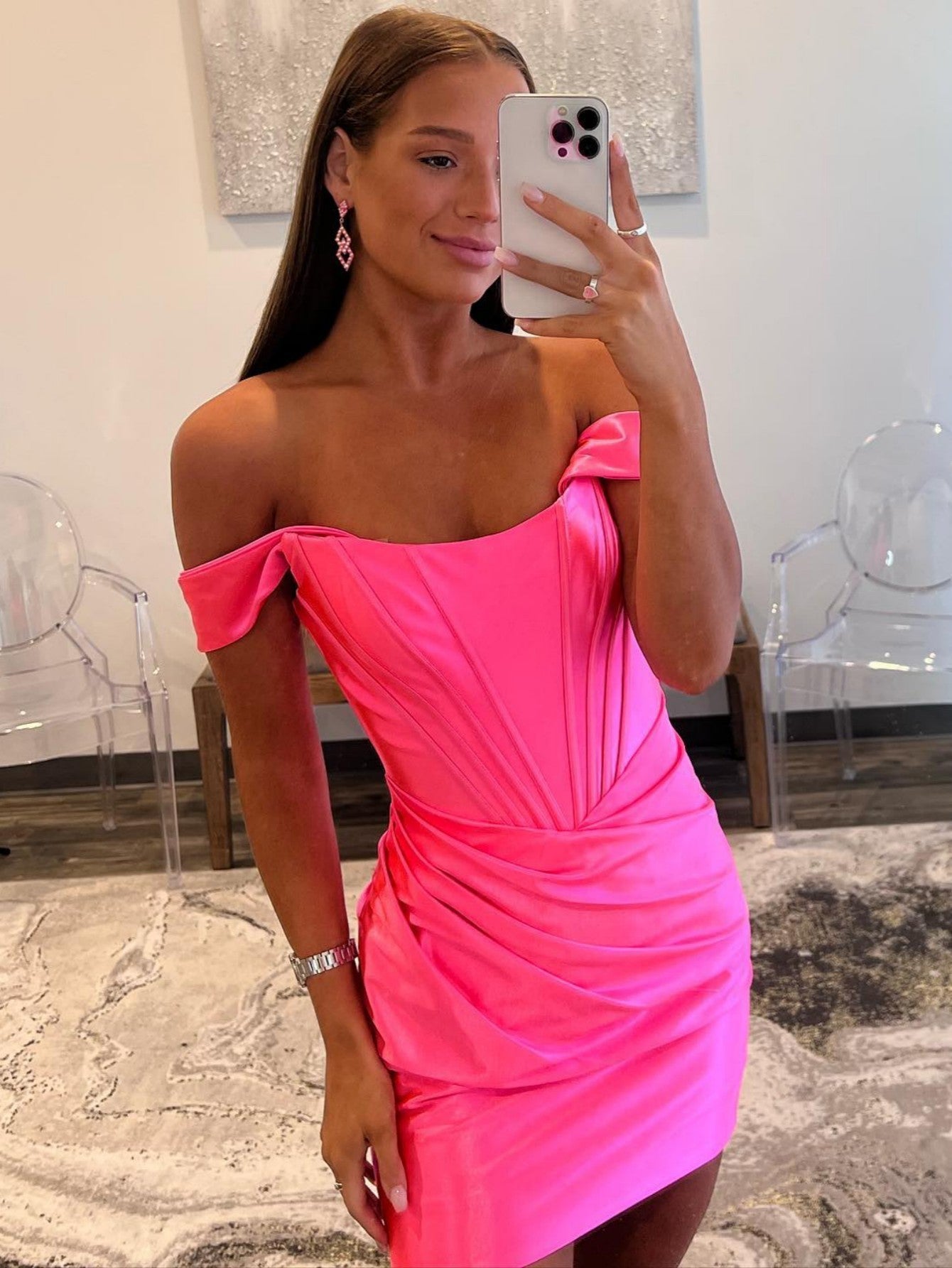 Sheath Off the Shoulder Short Satin Homecoming Dress
