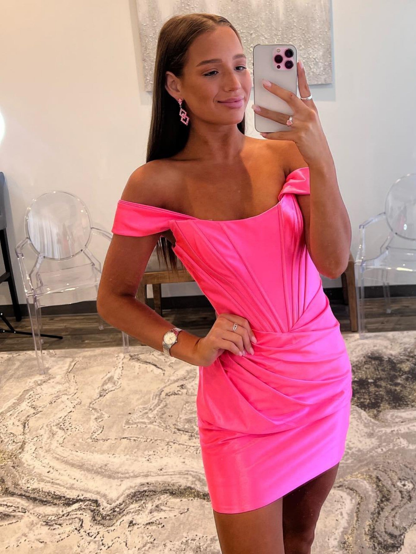 Sheath Off the Shoulder Short Satin Homecoming Dress