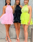 Pink Tulle Halter Short Homecoming Dress with Ruffles