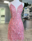 Pink Tulle Sequin Plunge V Short Cocktail Dress with Feathers