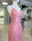 Pink Tulle Sequin Plunge V Short Cocktail Dress with Feathers