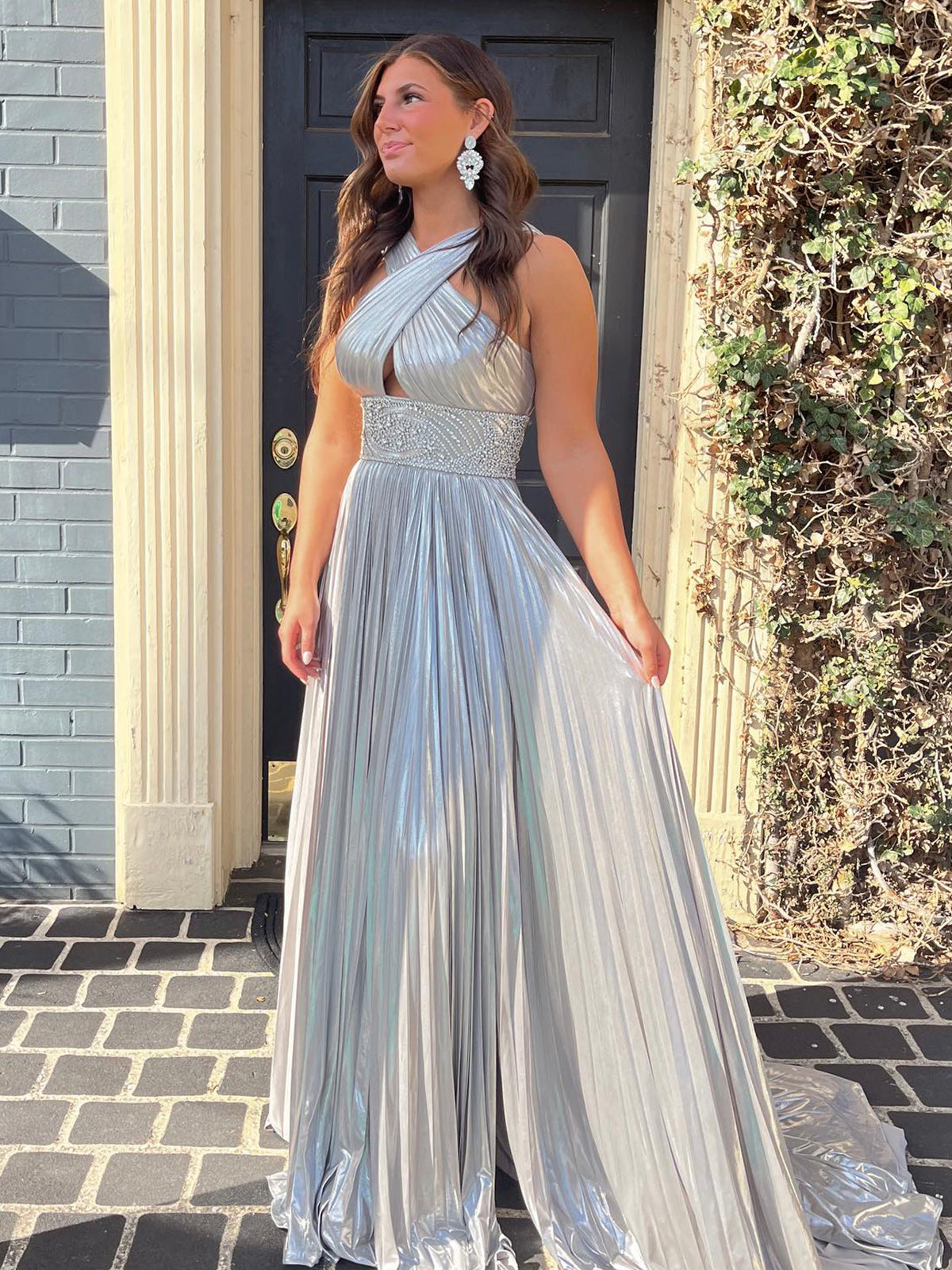 Pleated Criss Cross Straps Metallic Long Prom Dress