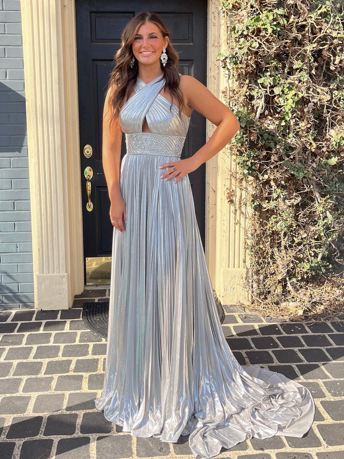 Pleated Criss Cross Straps Metallic Long Prom Dress