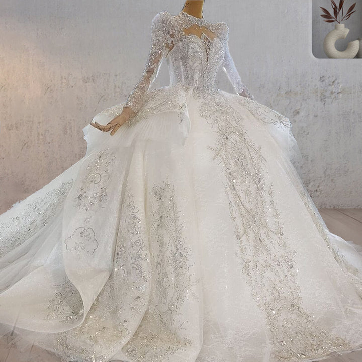 Princess Luxury Lace Long Sleeves Wedding Dress with Appliques