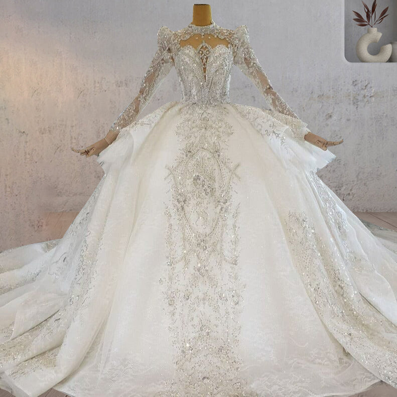 Princess Luxury Lace Long Sleeves Wedding Dress with Appliques