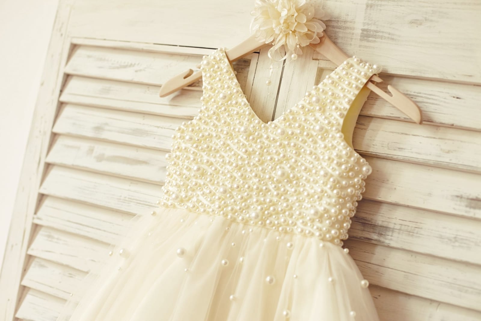 Princess V Neck Tulle Pearl Beaded Flower Girl Dress