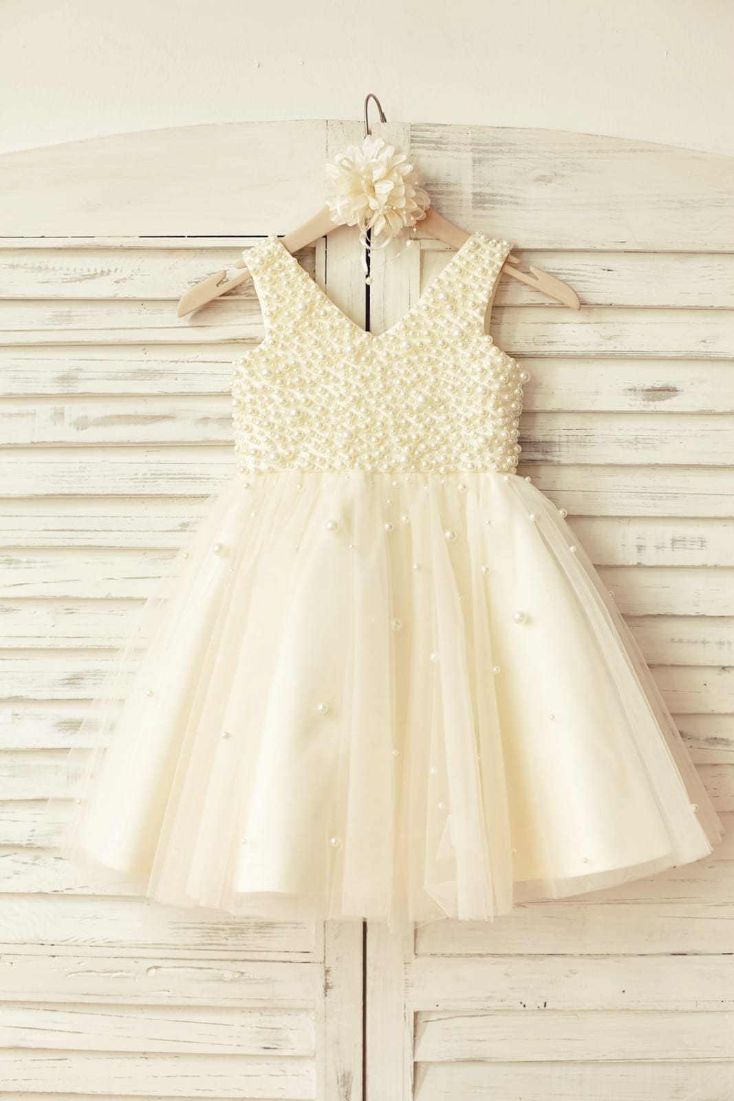 Princess V Neck Tulle Pearl Beaded Flower Girl Dress