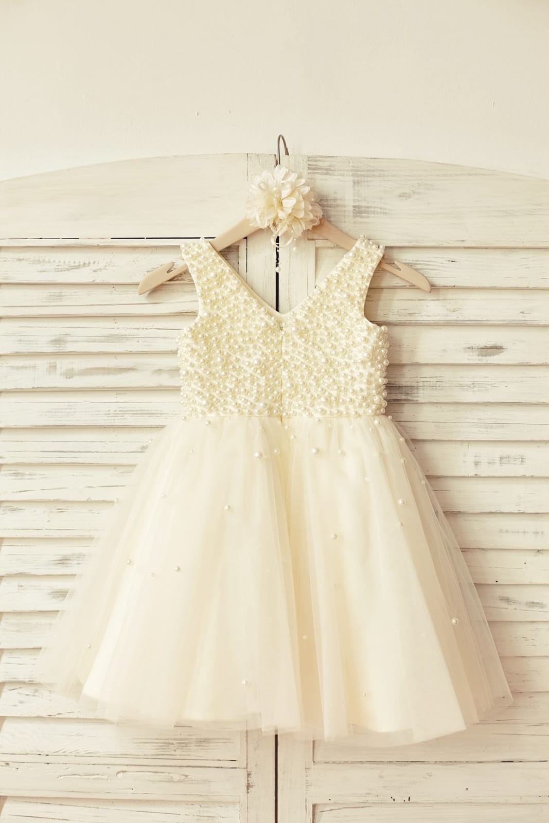 Princess V Neck Tulle Pearl Beaded Flower Girl Dress