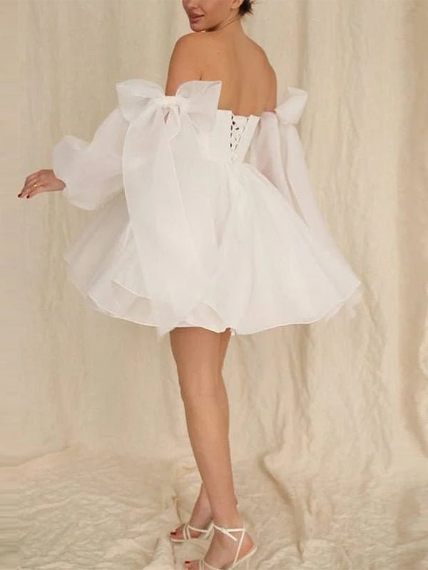 KissDress-Ronnie A-Line Puff Long Sleeves Short Wedding Dresses With Bows