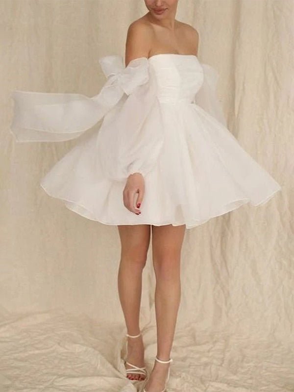 KissDress-Ronnie A-Line Puff Long Sleeves Short Wedding Dresses With Bows