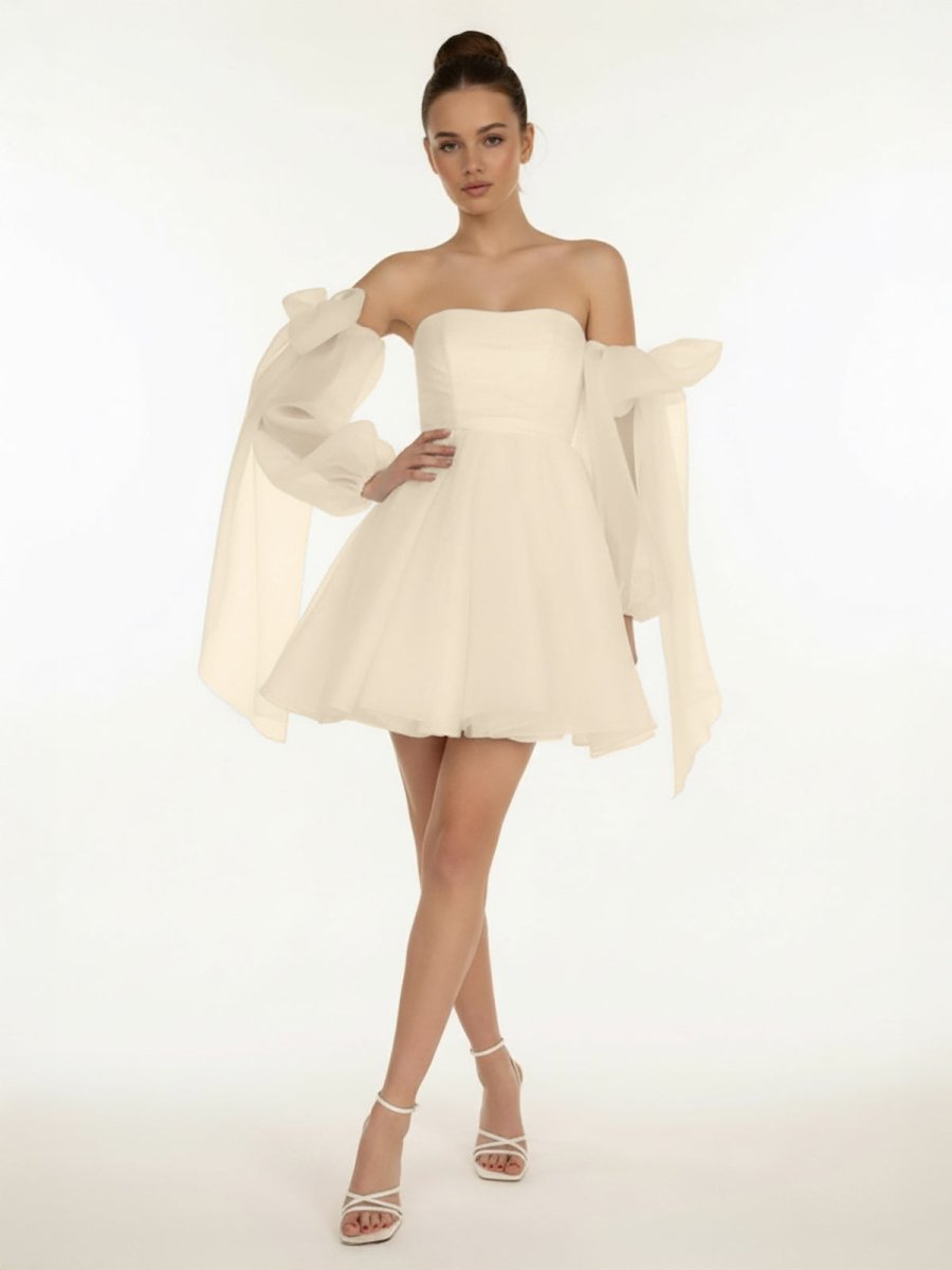 KissDress-Ronnie A-Line Puff Long Sleeves Short Wedding Dresses With Bows