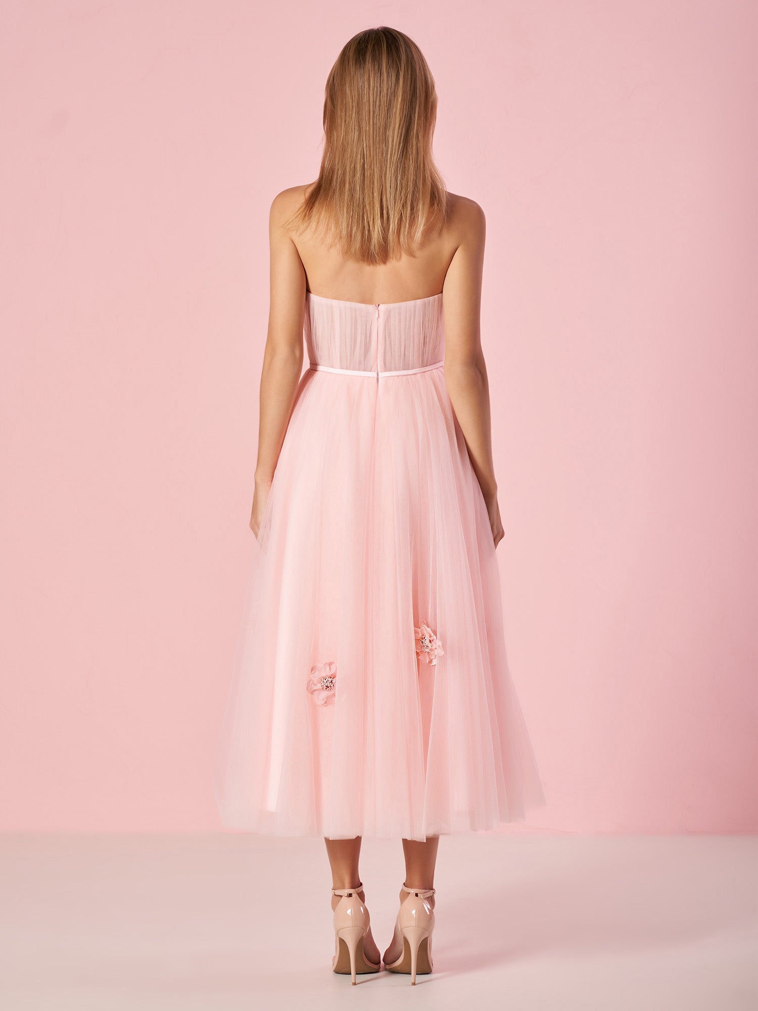 Light Pink Princess Strapless Prom Dress with Flowers