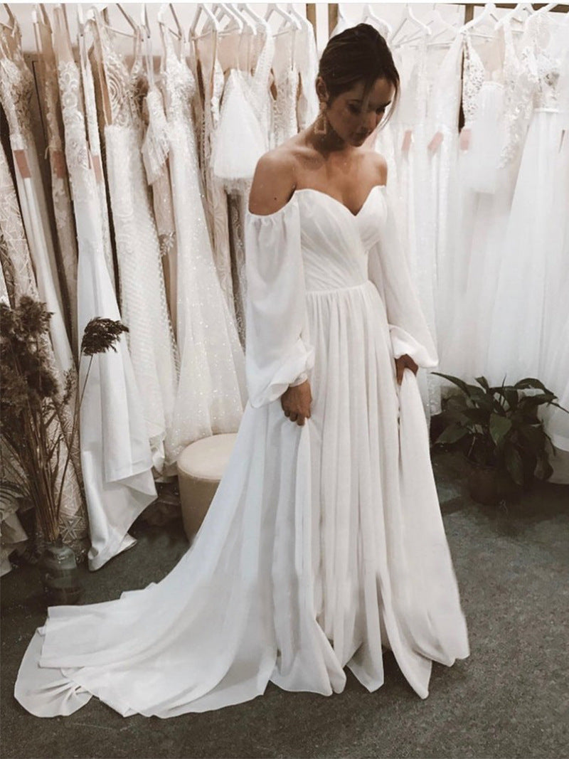 Off the Shoulder Chiffon Beach Long-Sleeve Wedding Dresses