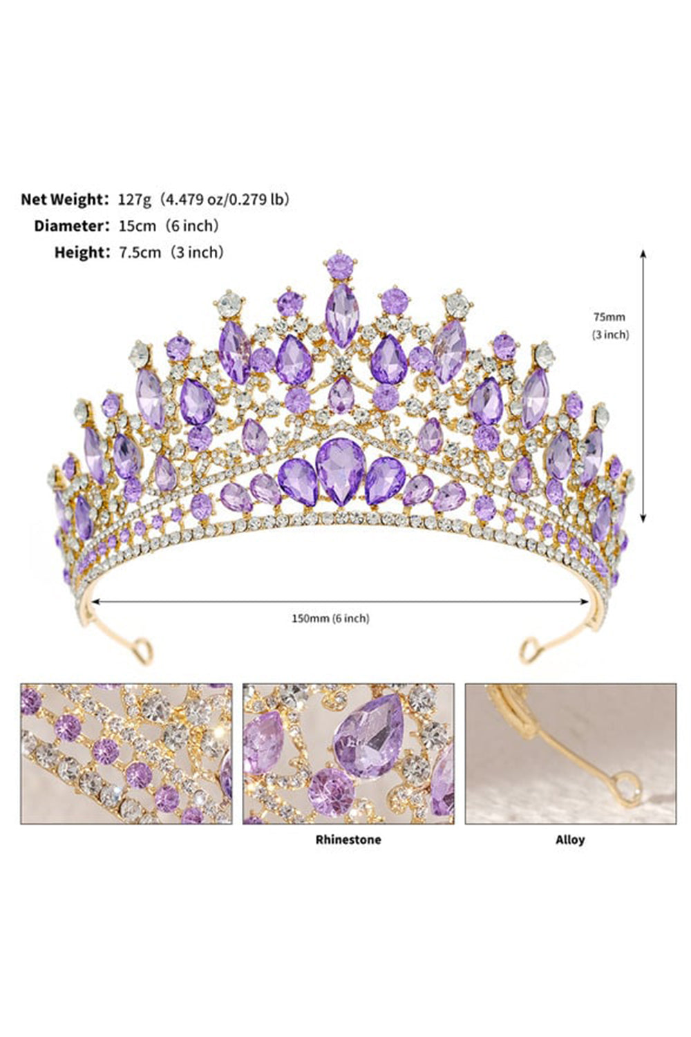Purple Princess Rhinestone Crowns for Women
