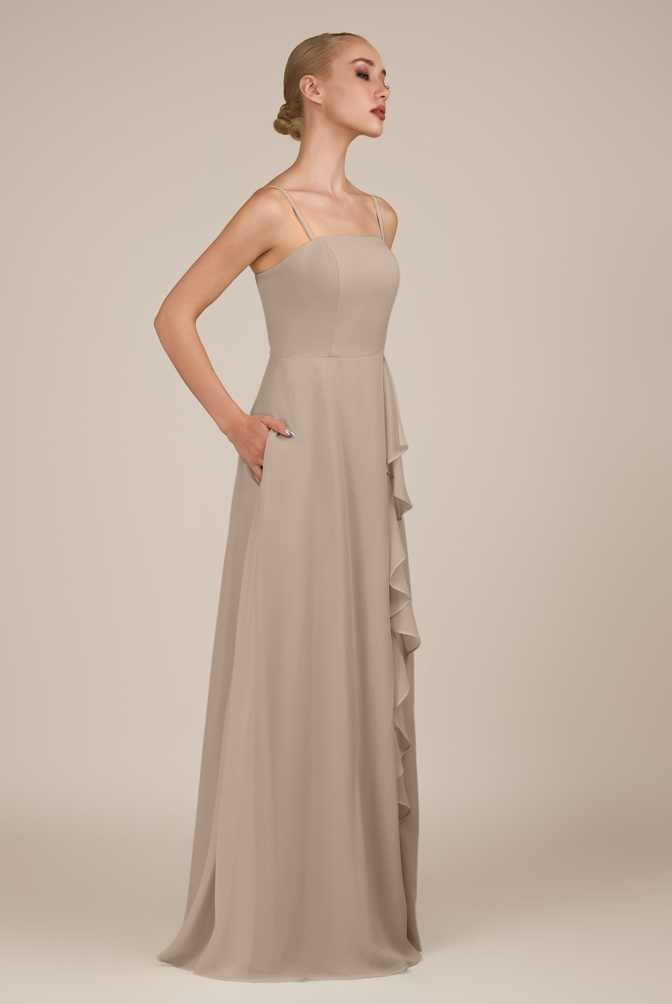 KissDress-Queniva Almond Sheath Chiffon Spaghetti Straps Ruffles Long Bridesmaid Dress with Slit