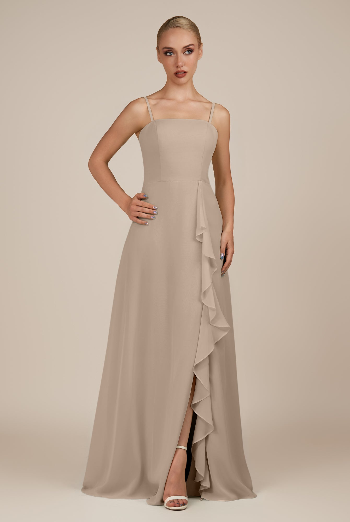 KissDress-Queniva Almond Sheath Chiffon Spaghetti Straps Ruffles Long Bridesmaid Dress with Slit