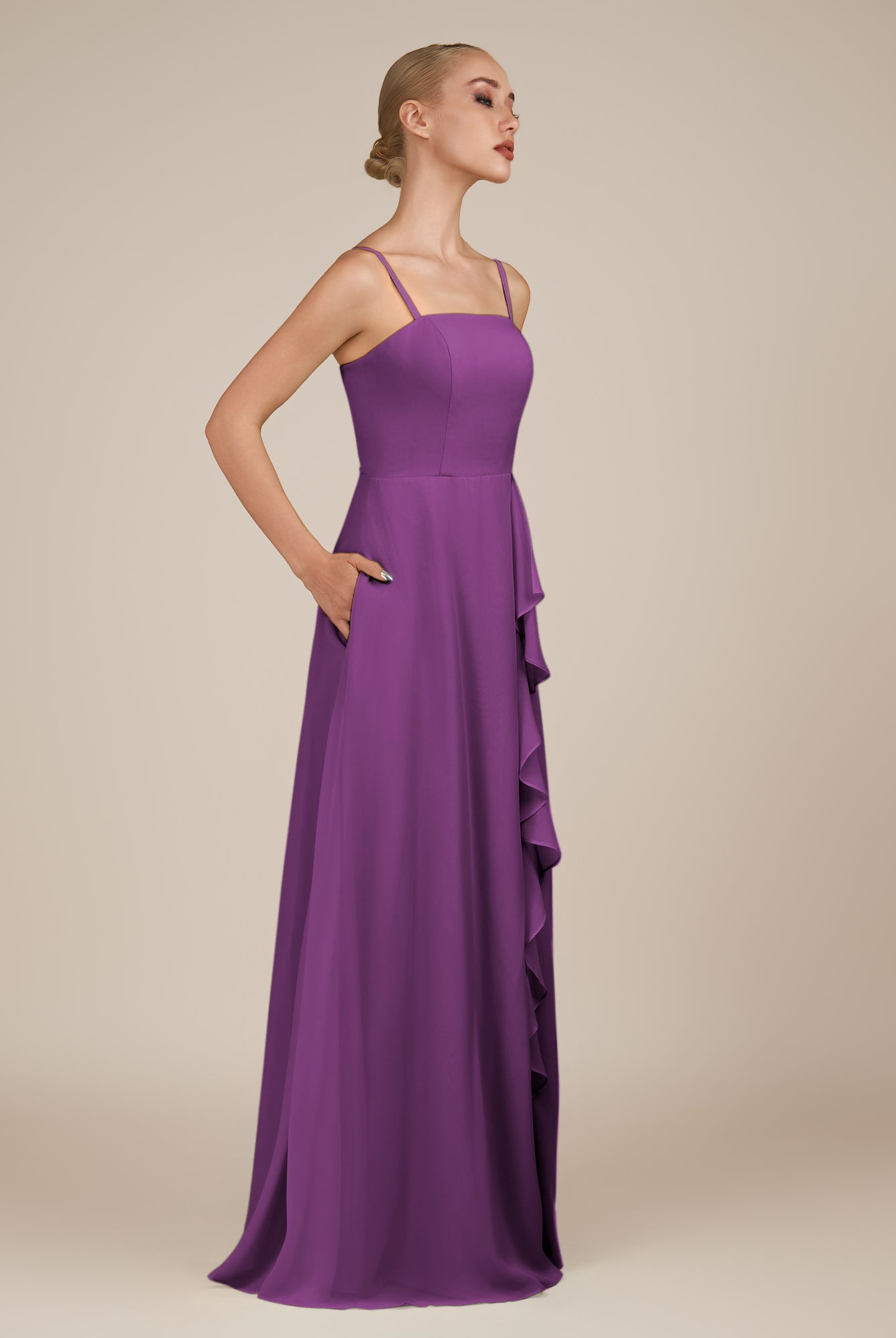 KissDress-Queniva Amethyst Sheath Chiffon Spaghetti Straps Ruffles Long Bridesmaid Dress with Slit
