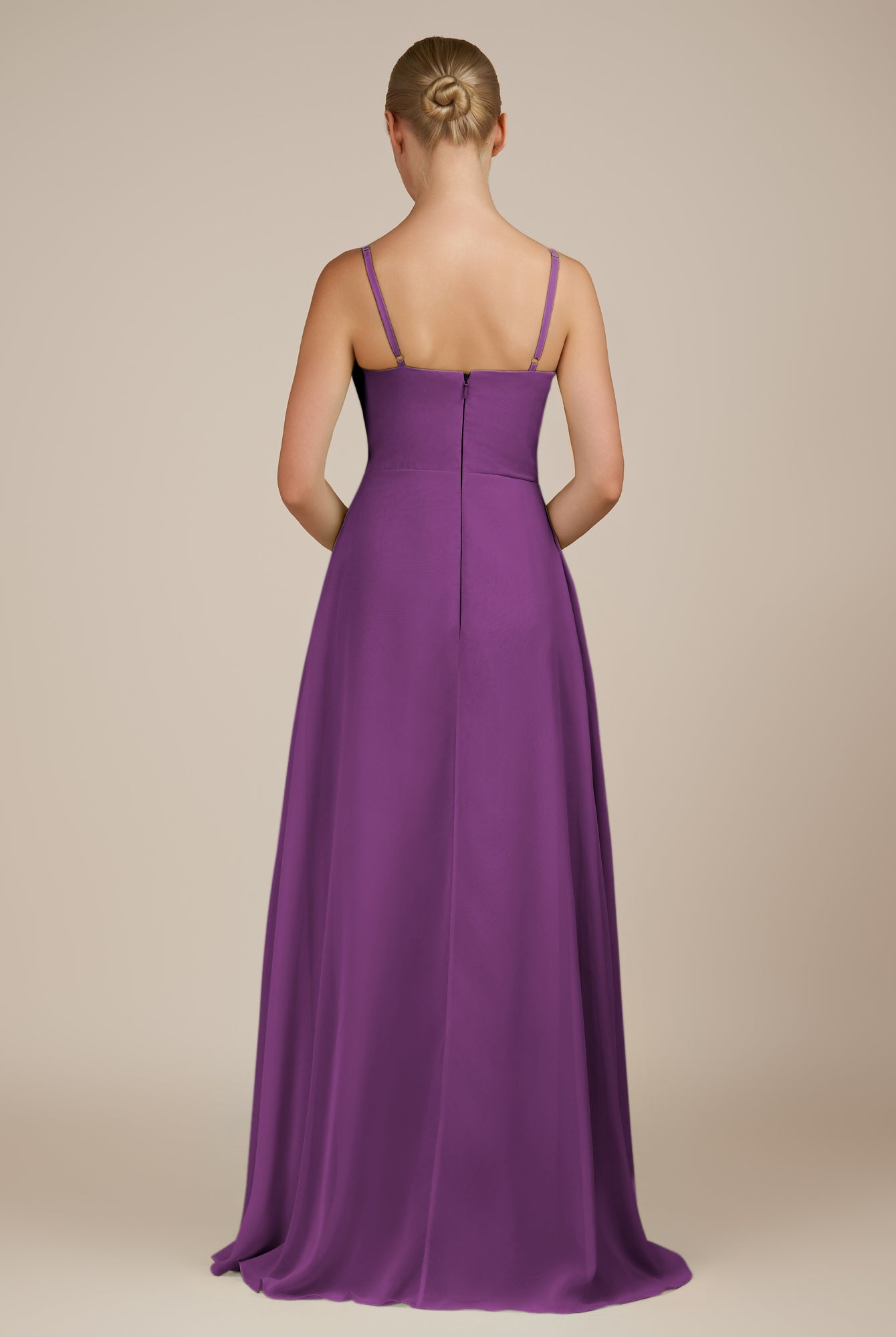 KissDress-Queniva Amethyst Sheath Chiffon Spaghetti Straps Ruffles Long Bridesmaid Dress with Slit