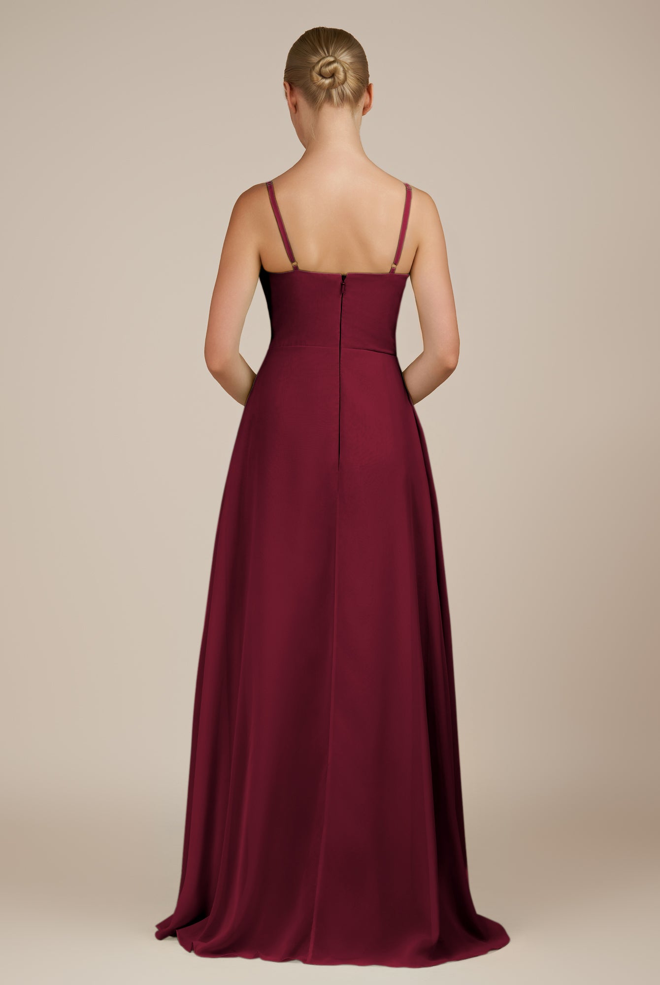 KissDress-Queniva Berry Sheath Chiffon Spaghetti Straps Ruffles Long Bridesmaid Dress with Slit