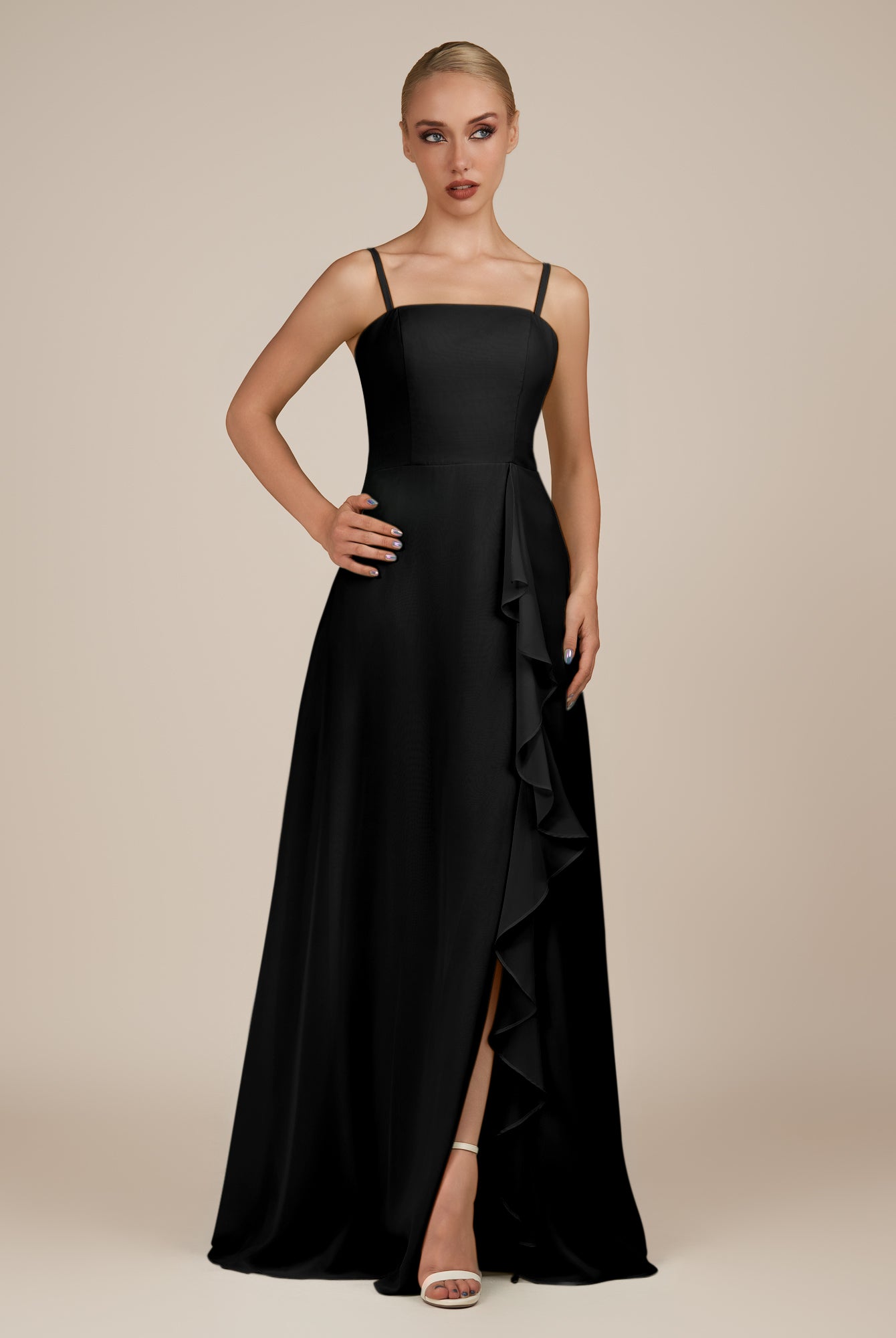KissDress-Queniva Black Sheath Chiffon Spaghetti Straps Ruffles Long Bridesmaid Dress with Slit